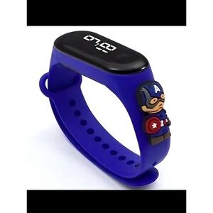 New Kids Blue Silicone Digital Watch with Captain America Hero Charm